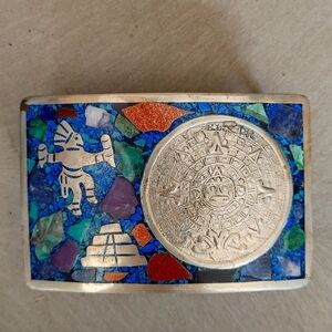 Aztec Mosaic Belt Buckle with Blue and Gold Accents